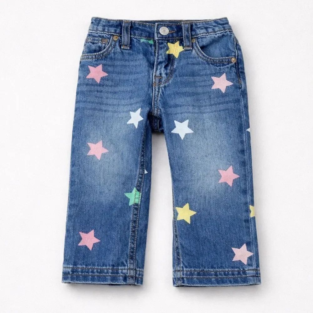 Baby GAP 90’s loose released hem multi star blue jeans adjustable waist 18/24 m